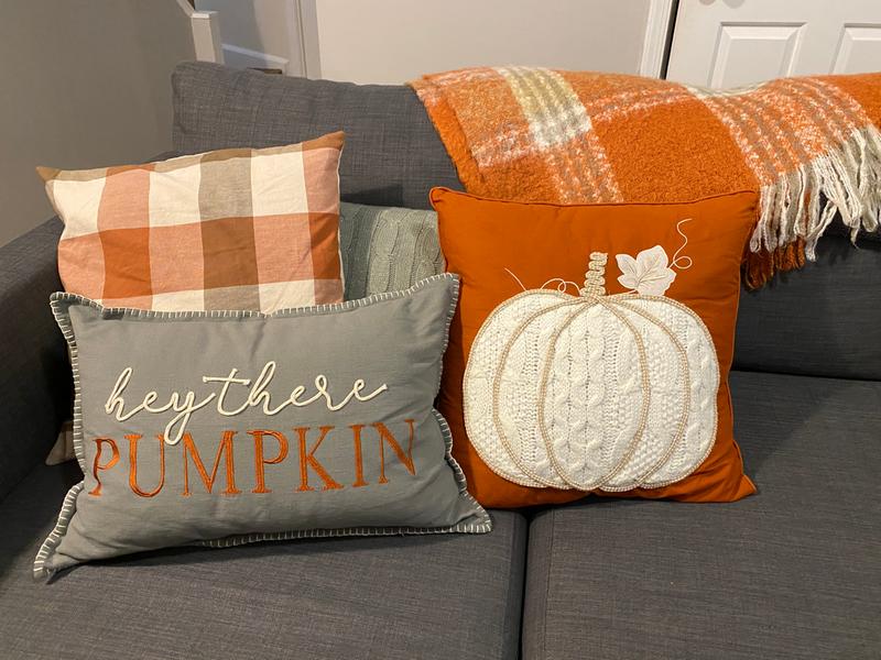 Knit Pumpkin Square Throw Pillow With Fringe