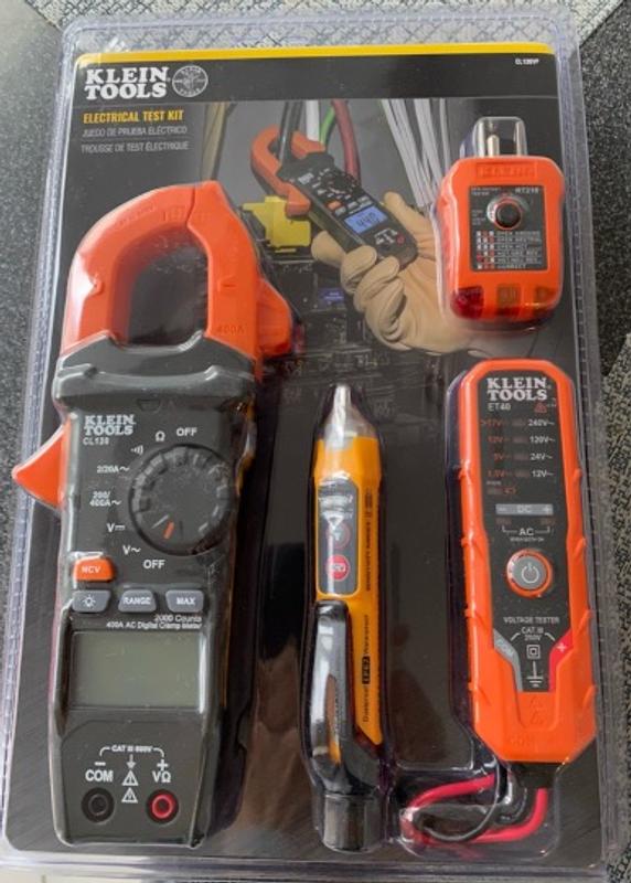 Klein Tools CL120VP Kit de test de tension électrique avec pince  multimètre, trois testeurs, fils de test, pochette et piles 