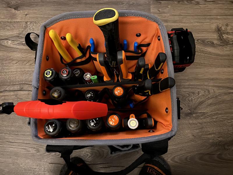 Klein Tools 5541610-14 Tool Bag with Shoulder Strap Has 40 Pockets for Tool  Storage and Orange Interior