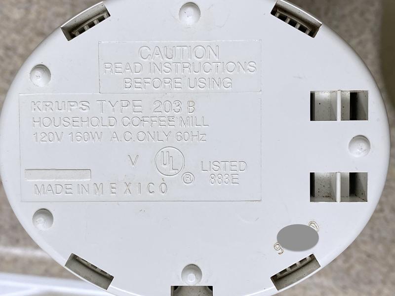 KRUPS Coffee Grinder bottom panel, bought Feb 1997 (SN greyed out)