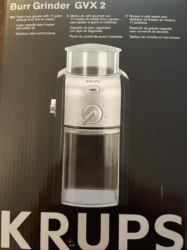  Krups Precise Stainless Steel Flat Burr Grinder 8oz, 32cups  bean hopper 12 Grind from Fine to Coarse 110 Watts Removable Container,  Drip, Press, Espresso, Cold Brew, 2,12 cups ground coffee Black