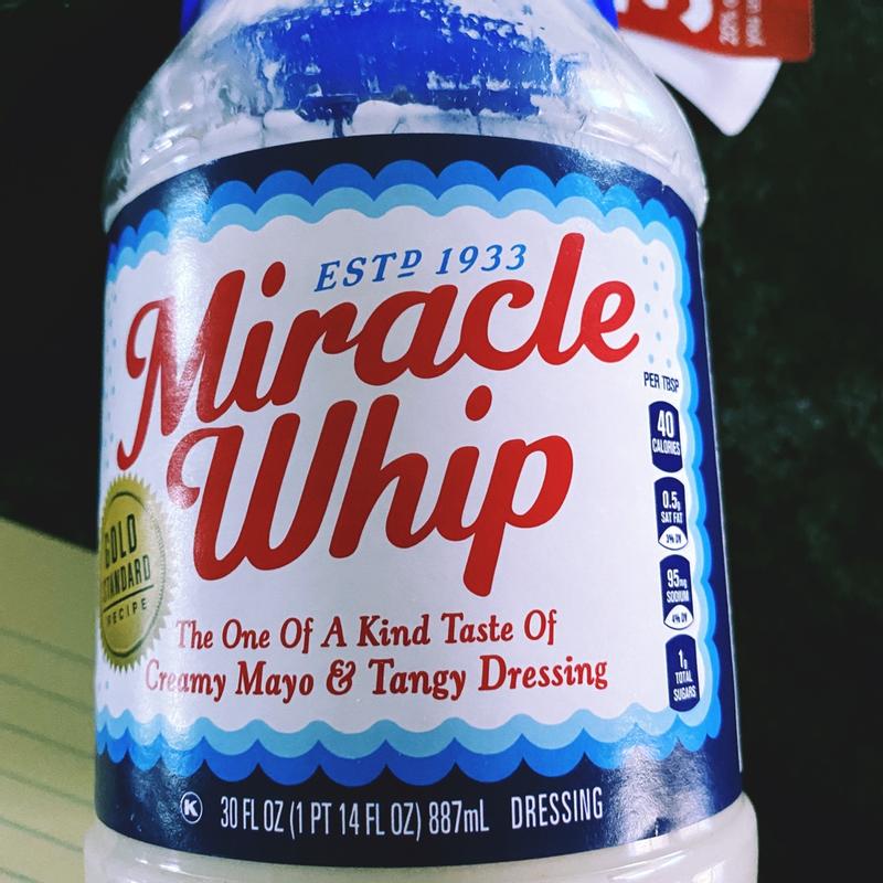 A large jar of light Miracle Whip, the One of a Kind Taste of