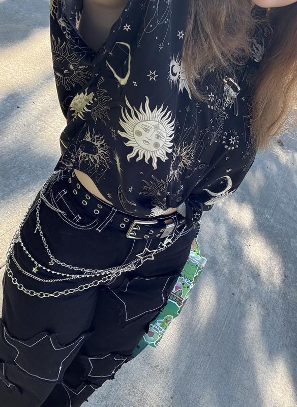【SATIIIZ】The N Patch ST Wide Pants Black Frayed Star Patch Wide Leg Pants | Hot Topic