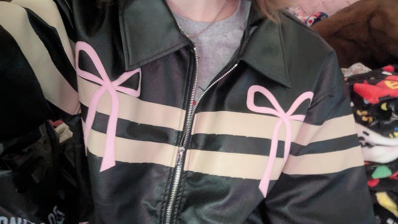 Black Cream Stripe Bow Girls Faux Leather Jacket Hot Topic