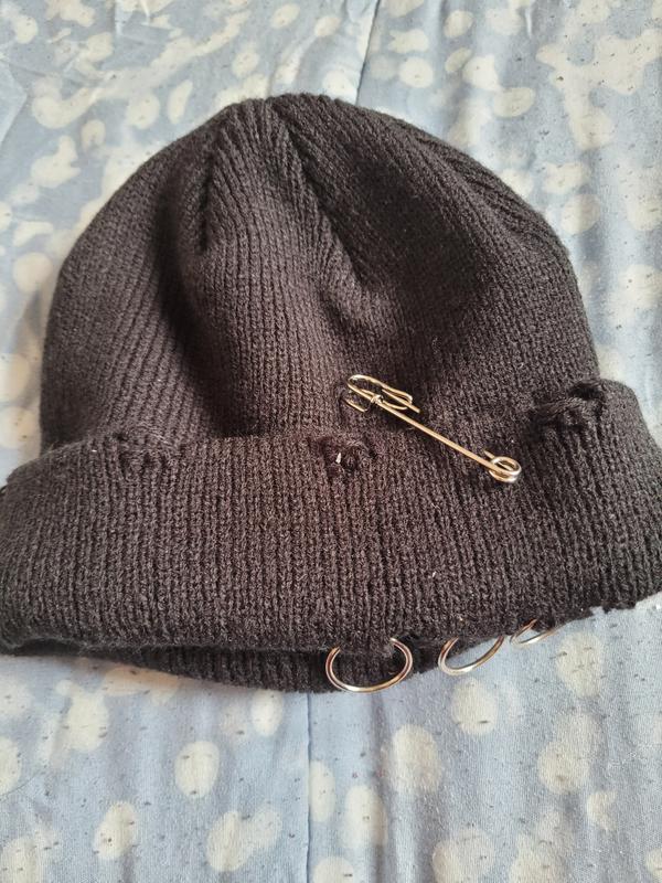 Black Knit Distressed Pierced Beanie | Hot Topic