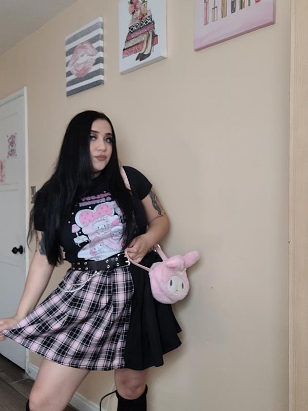 Black & Pink Plaid Split Chain Skirt