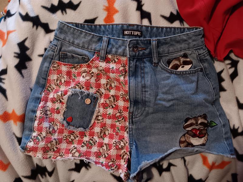 Thorn & Fable Raccoons & Cherries Gingham Patch Denim Shorts | Hot