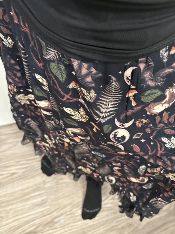 Thorn & Fable Dark Woodland Celestial Print Hanky Hem Midi Skirt
