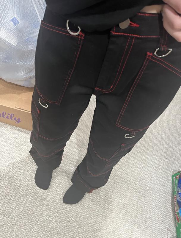 Black pants with red sales stitching