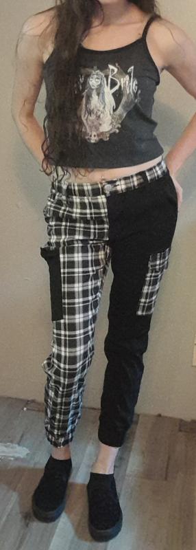 Black & Grey Plaid Split Cargo Jogger Pants