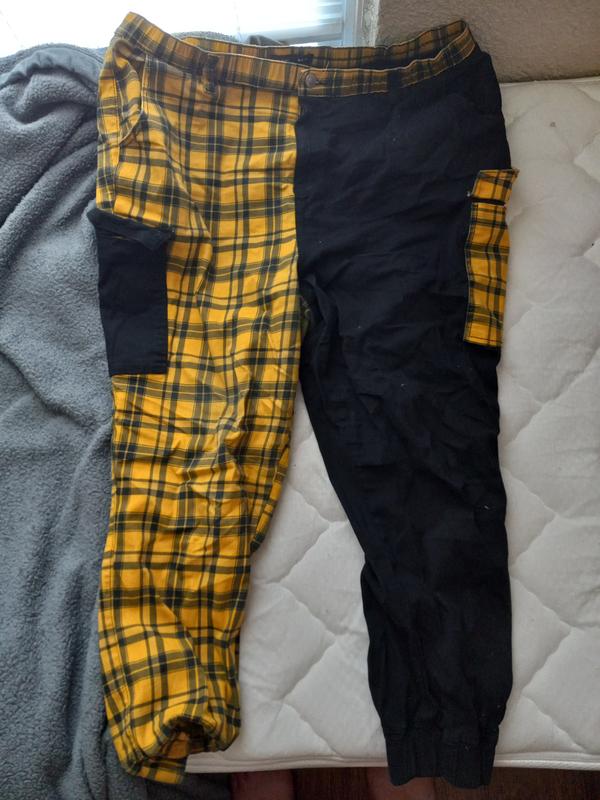 Black & Yellow Plaid Split Cargo Jogger Pants Plus Size