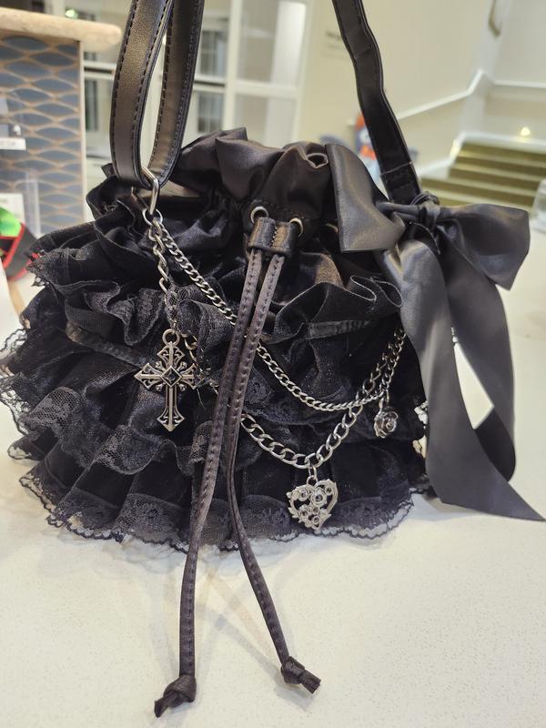 ◆typeservice◆ Pearl Trim Ruffled 2Way Bag Black OSTA18BKF Black Ruffle Chain Bucket Bag Hot Topic Exclusive | Hot Topic
