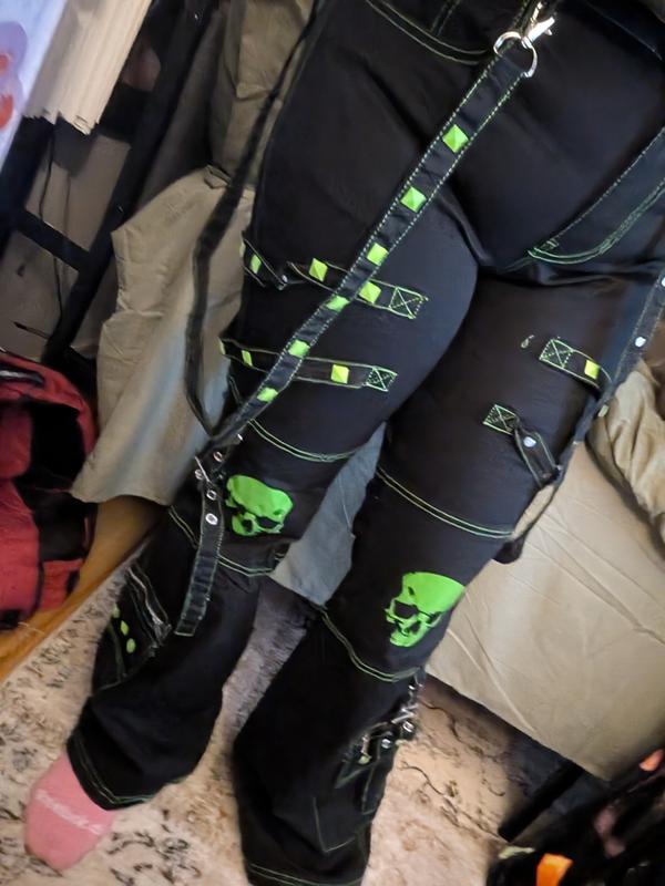 Black & Green Skull Stud Strap Flare Pants | Hot Topic