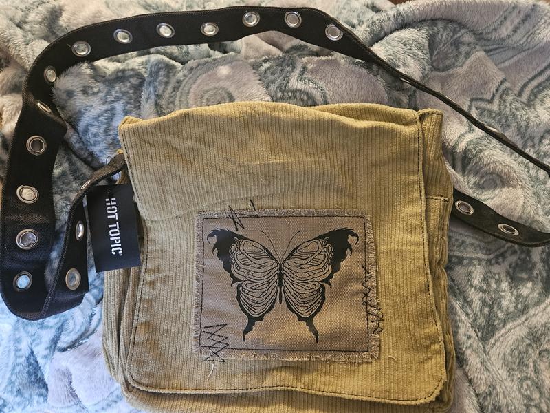 Butterfly Skeleton Corduroy Grommet Strap Messenger Bag Hot Topic