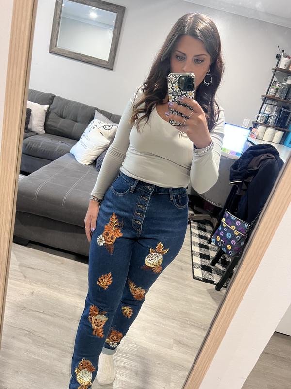 Dark Indigo Jack-O'-Lantern Treats Embroidered Mom Jeans | Hot Topic