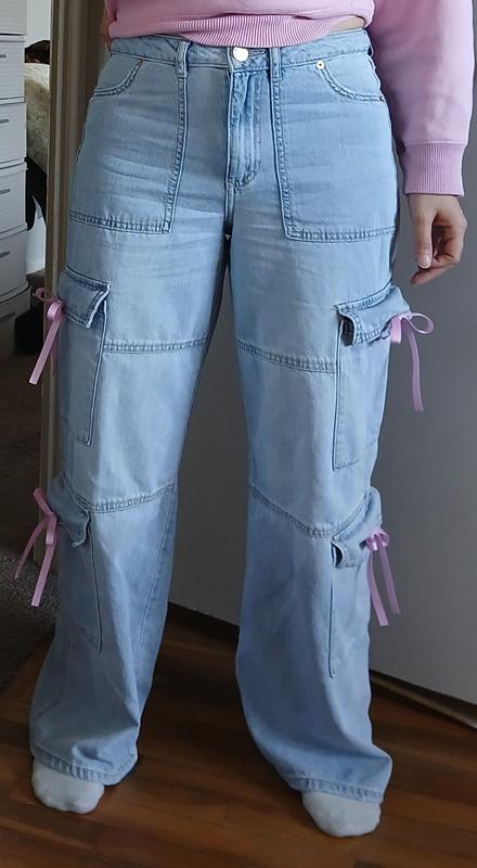 Light Indigo Pink Bow Cargo Denim Pants | Hot Topic