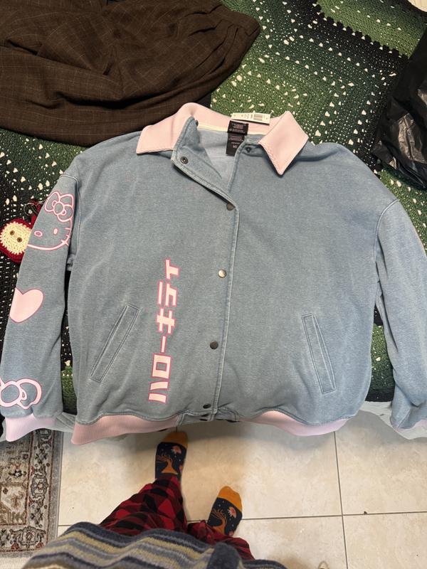 Hello Kitty Pink Trim Denim Girls Bomber Jacket | Hot Topic