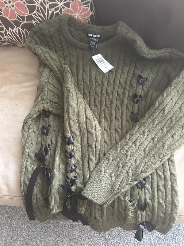 Olive Green Black Ribbon Lace-Up Girls Sweater | Hot Topic
