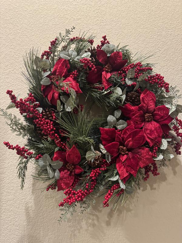Couronne De Noël Artificielle 41 Cm Avec Poinsettias Rouges Et Houx | Décoration Pour Porte Ou Intérieur, Réutilisable - 3