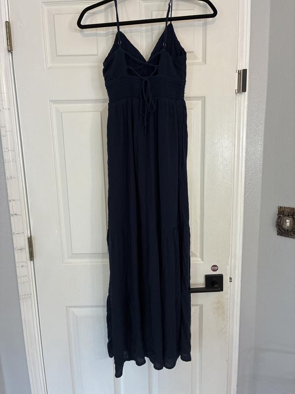 hollister black maxi dress Linen Blend Open Back Maxi Dress in Beige and Black