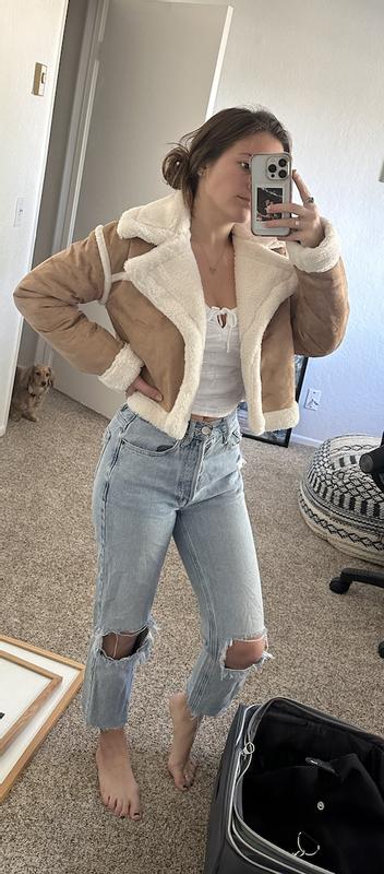 Women's Sherpa-Lined Faux Suede Crop Biker Jacket