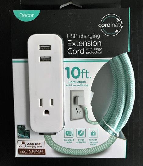 Cordinate 10 ft. Decor Extension Cord Surge Protector with 2 USB Charging  Ports  Amp 1 Grounded Outlet, Mint/White 37918 - The Home Depot