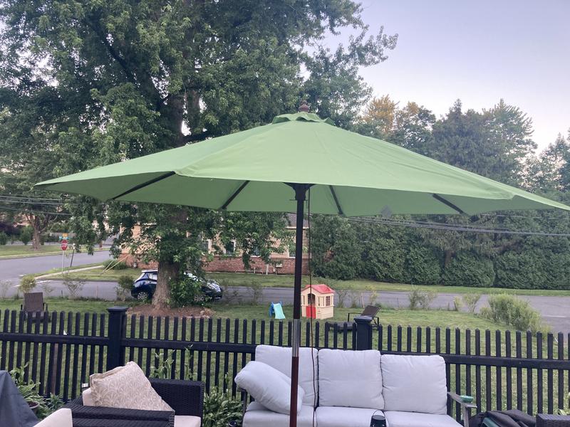 lime green wood patio umbrella Backyard Expressions 9 Ft with Push Button Tilt and Crank System - UV Resistant Polyester Fabric, Market Umbrella with 8 Sturdy Ribs why is your umbrella a circle Galtech 9 Ft. Octagonal Hardwood