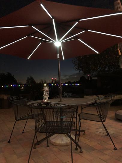 8 foot lighted patio umbrella Tangkula 8x8 FT Solar with Base Included, Square Offset Cantilever Outdoor Umbrella with 360 Degree Rotation, 32 LED Lights, Crank Handle, 2 Sandbags, Ribs, Air Vent for SIZE:24.5 Patio Heater Collection bright sun Outdoor Garden Patio Rectangular