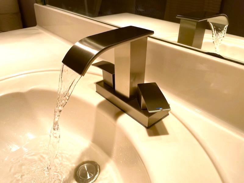 YBlucklly 2-Handle 4-Inch Centerset Waterfall Bathroom Faucet – Brushed Nickel, Brass Body, Lead-Free, Pop-Up Drain Included, 3-Hole Sink Fit