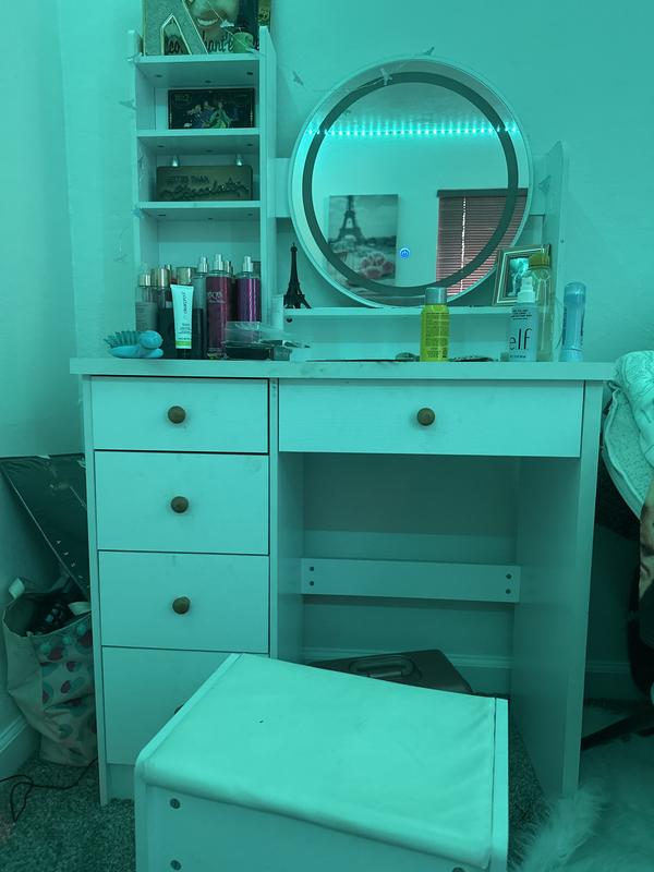 5-Drawers White Wood Makeup Vanity Set Dressing Desk W/ Stool, LED Round  Mirror and Storage Shelves 52x 31.5x 15.7 in.