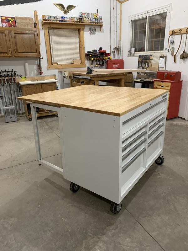 Husky Tool Storage 46 in. W x 51 in. D Standard Duty Black Mobile Workbench Cabinet with Solid Top Full Length Extension Table