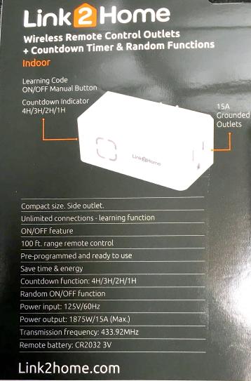 Link2Home Wireless Indoor Remote Control Outlet Switch with 1 RCV