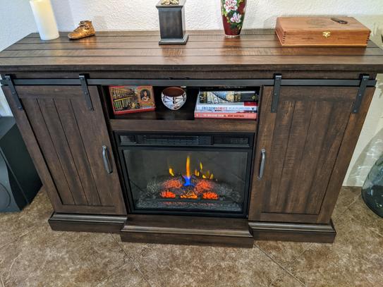 Chastain 56 in. Freestanding Media Console Electric Fireplace TV Stand with Sliding Barn Door in Rustic Walnut Chastain 56 in. Freestanding Media Console Electric Fireplace TV Stand with Sliding Barn Door in Rustic Walnut