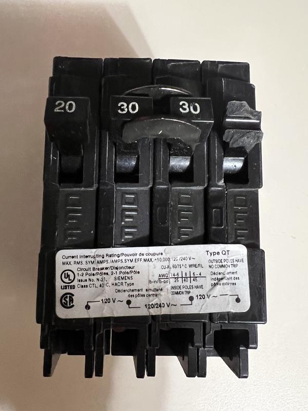 Siemens Triplex 2-Outer 20 Amp Single-Pole and 1-Inner 30 Amp Double-Pole Circuit Breaker