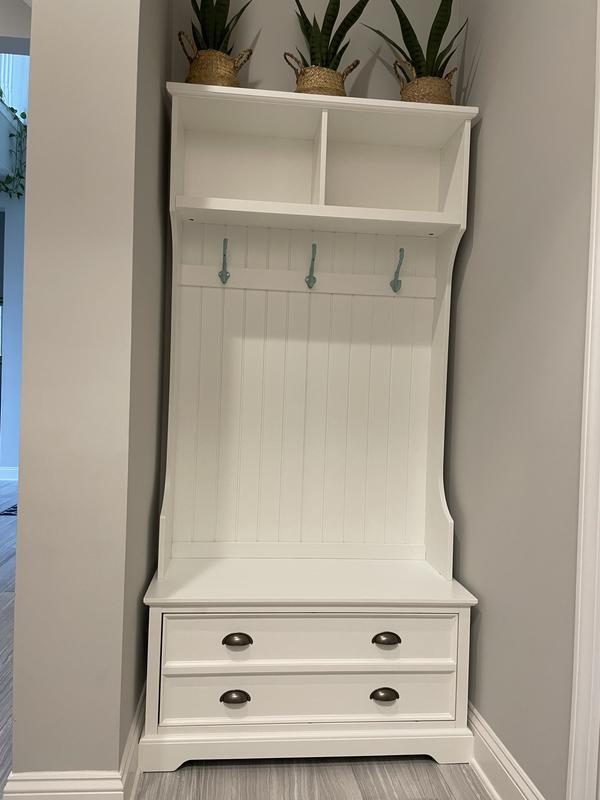 Reviews for Home Decorators Collection Wilmington White Wood Hall Tree with Bench and Storage 36 in. W x 74 in. H Pg 3 The Home Depot