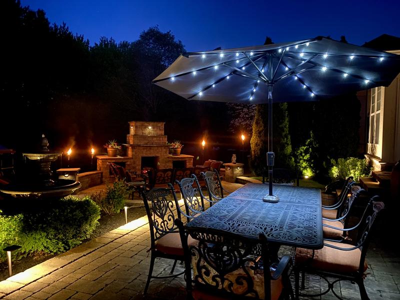9-foot round solar patio umbrella in salsa Tangkula 9 FT Umbrella, 2-Tiers Scalloped Outdoor Table Market with 32 LED Lights, Vented Top, Tilt Adjustment, Crank, 8 Ribs for Backyard Poolside Deck Beach Lawn (Coffee) Get ready to entertain from dusk until dawn with the 9 ft Sunnyglade 9' Solar LED Patio