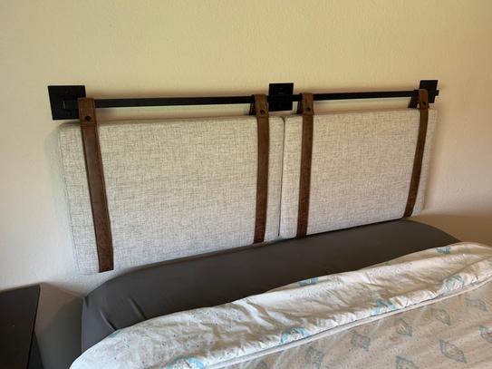 Reviews For Nathan James Harlow 72 In King Wall Mount Gray Upholstered Headboard Adjustable Brown Leather Straps And Black Metal Rail 94202 The Home Depot