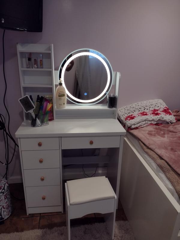 5-Drawers White Wood Makeup Vanity Set Dressing Desk W/ Stool, LED Round  Mirror and Storage Shelves 52x 31.5x 15.7 in.