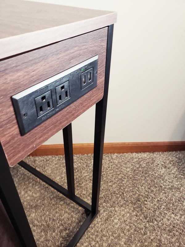 Honey-Can-Do C-Shaped Side Table with Outlets and Wheels, Walnut/Black ...