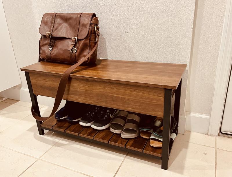 I was inspired to make a shoe rack bench this week, mixing a few designs I  saw online. No aged walnut in my lowly garage shop, so I settled for pine  and