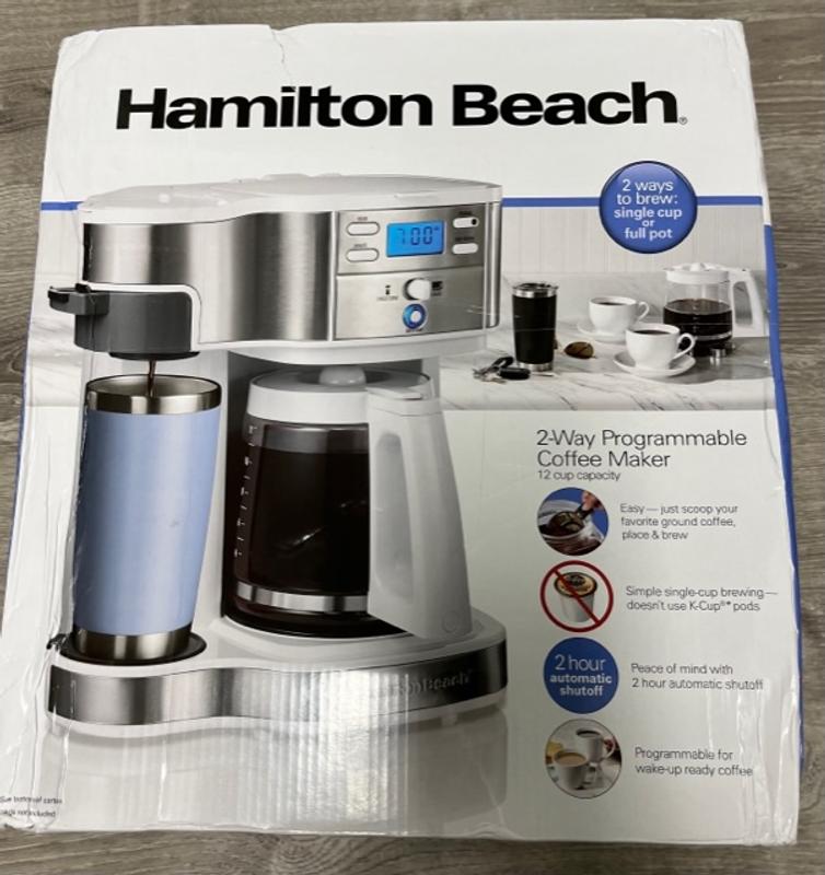 Hamilton Beach 49933 2-Way 12 Cup Programmable Drip Coffee Maker & Single  Serve Machine, Glass Carafe, Auto Pause and Pour, White