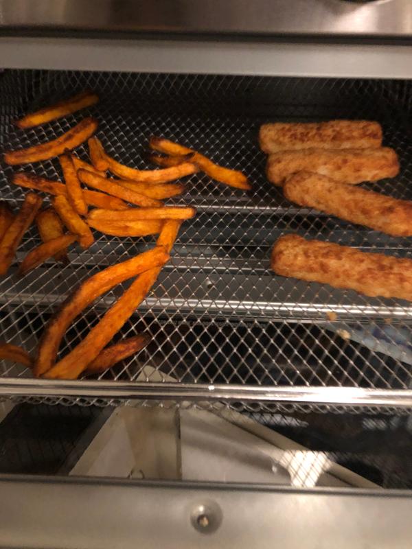 Crispy sweet potato fries and fishsticks