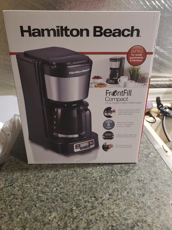 Hamilton Beach 5-Cup Black Compact Coffee Maker with Programmable Clock & Glass Carafe 46111