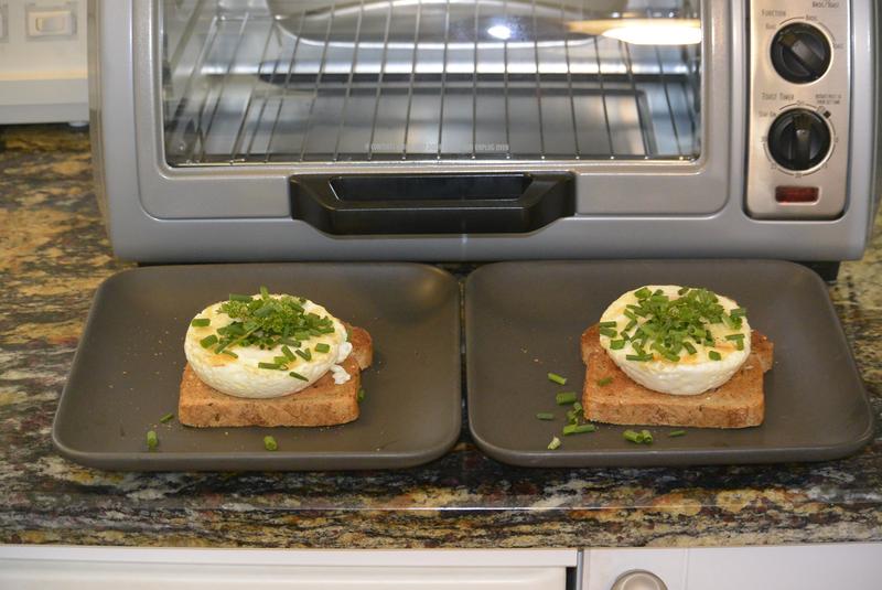 Baked eggs on toast in Hamilton Beach toaster oven.