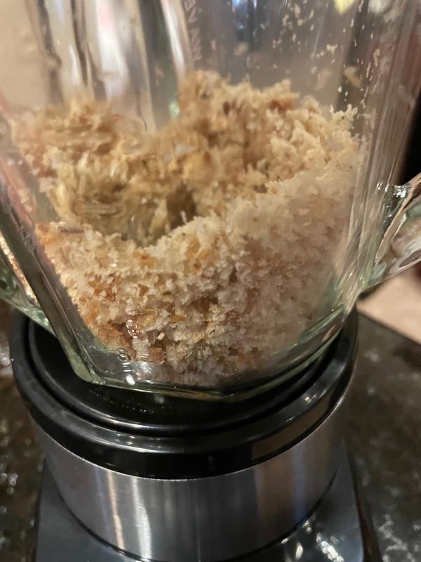 Bread that has been pulsed into bread crumbs in the Hamilton Beach Wave Crusher Multi Function Blender.
