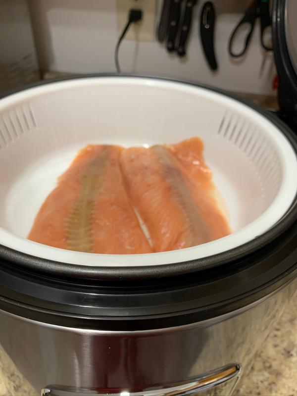 Added salmon after potatoes had cooked part way