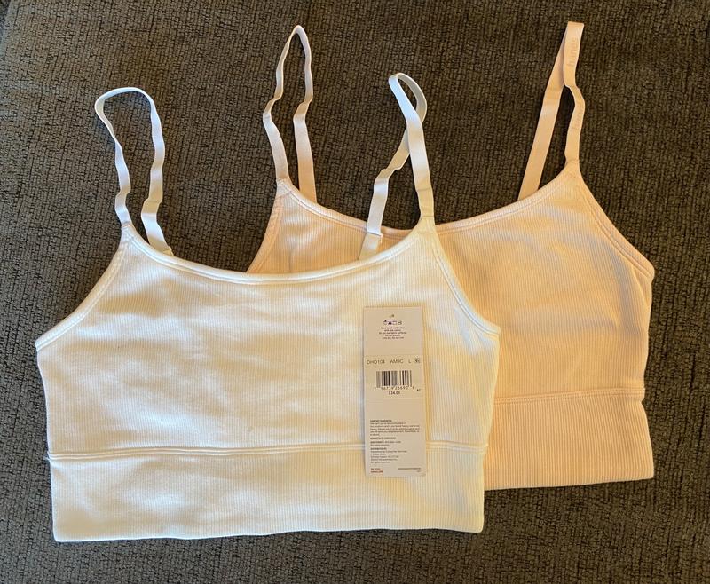 Photos of the front and back of the bralette, as well as the size chart