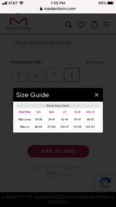 Selected size 9 but received order and clothes label says 9/2X. Unless you click on size guide, shopper won’t see that Maidenform’s size 9 is a 2X