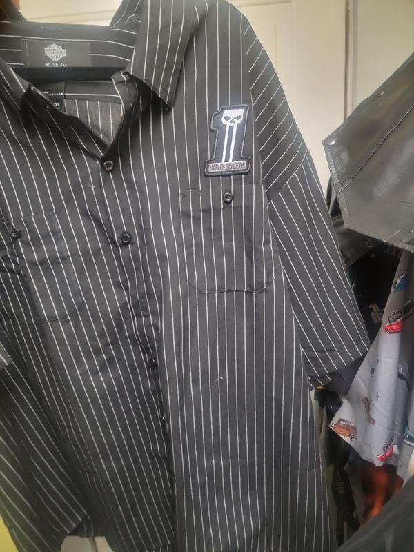 Men's Button Down Pinstripe Willie G Skull Mechanics Shirt