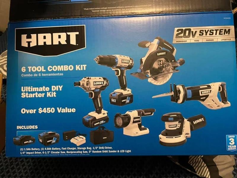 20V 6-Tool Combo Kit (1/2 Drill/Driver, Impact Driver, LED Light,  Reciprocating Saw, Circular Saw, Random Orbit Sander, (1) 4.0Ah & (1) 1.5Ah  Lithium-Ion Batteries) - HART Tools